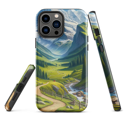 Wanderer in den Bergen und Wald: Digitale Malerei mit grünen kurvenreichen Pfaden - iPhone Schutzhülle (robust) wandern xxx yyy zzz iPhone 13 Pro Max