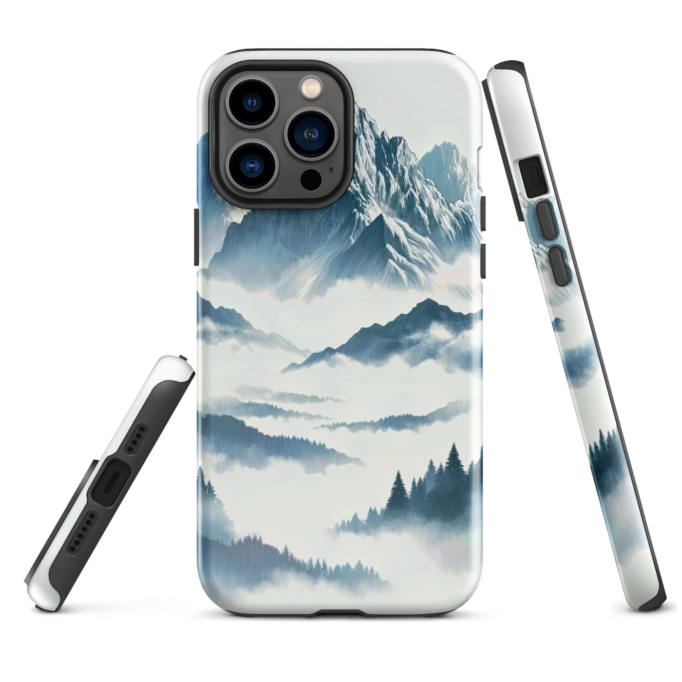 Nebeliger Alpenmorgen-Essenz, verdeckte Täler und Wälder - iPhone Schutzhülle (robust) berge xxx yyy zzz iPhone 13 Pro Max