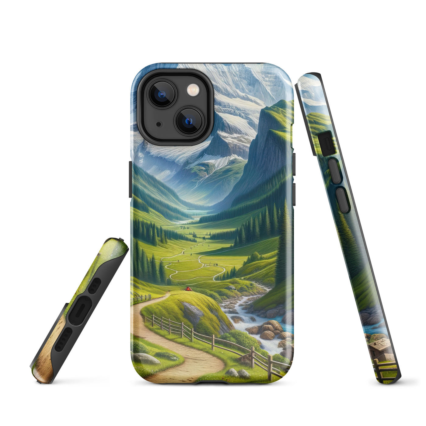 Wanderer in den Bergen und Wald: Digitale Malerei mit grünen kurvenreichen Pfaden - iPhone Schutzhülle (robust) wandern xxx yyy zzz iPhone 14