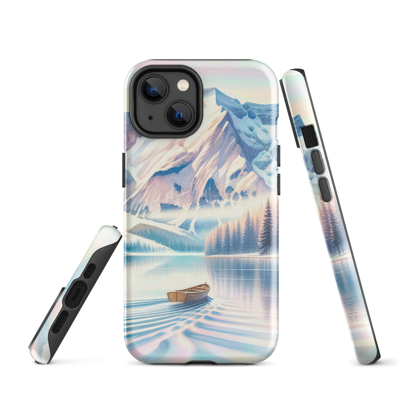 Aquarell eines klaren Alpenmorgens, Boot auf Bergsee in Pastelltönen - iPhone Schutzhülle (robust) berge xxx yyy zzz iPhone 14