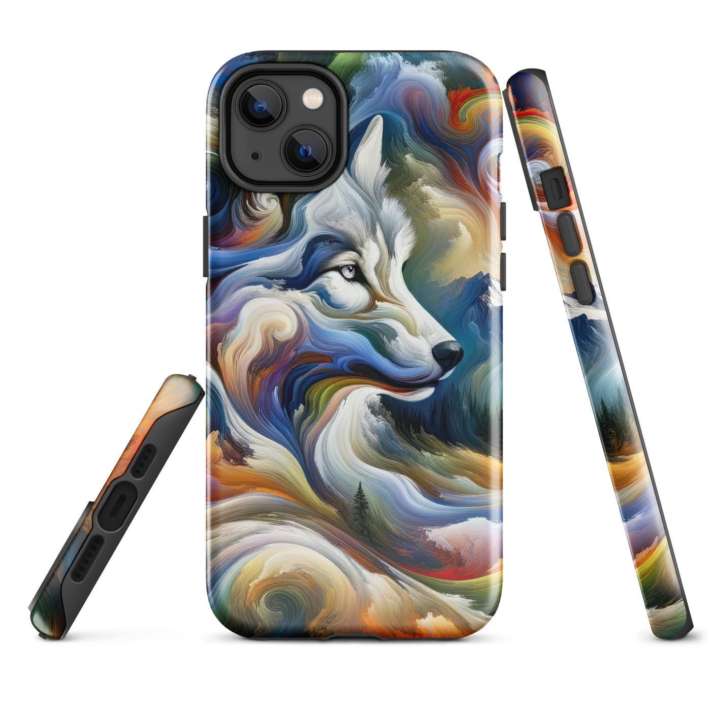 Abstraktes Alpen Gemälde: Wirbelnde Farben und Majestätischer Wolf, Silhouette (AN) - iPhone Schutzhülle (robust) xxx yyy zzz iPhone 14 Plus