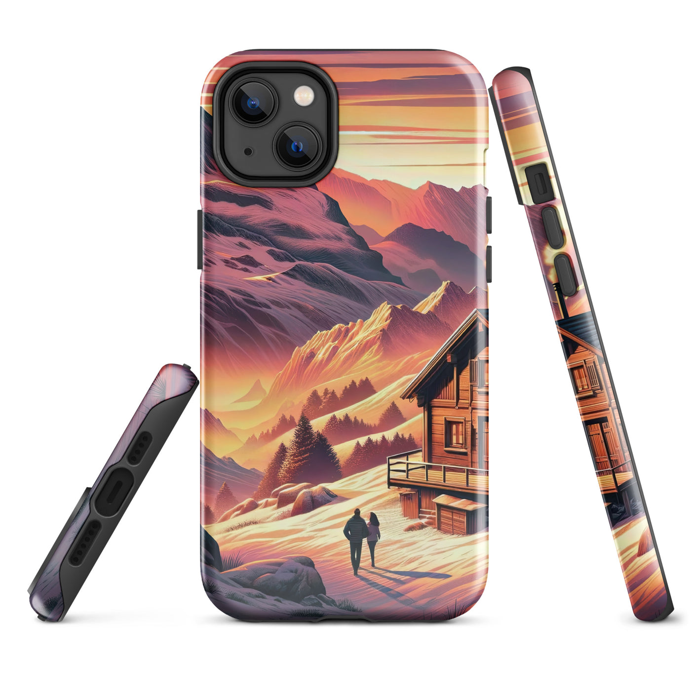 Berghütte im goldenen Sonnenuntergang: Digitale Alpenillustration - iPhone Schutzhülle (robust) berge xxx yyy zzz iPhone 14 Plus