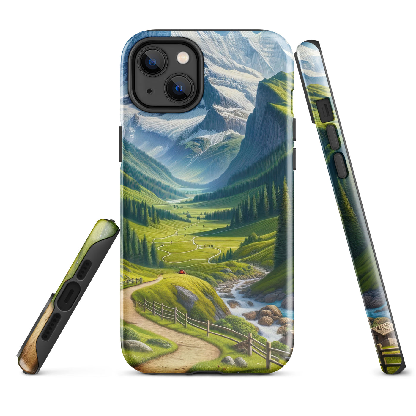 Wanderer in den Bergen und Wald: Digitale Malerei mit grünen kurvenreichen Pfaden - iPhone Schutzhülle (robust) wandern xxx yyy zzz iPhone 14 Plus