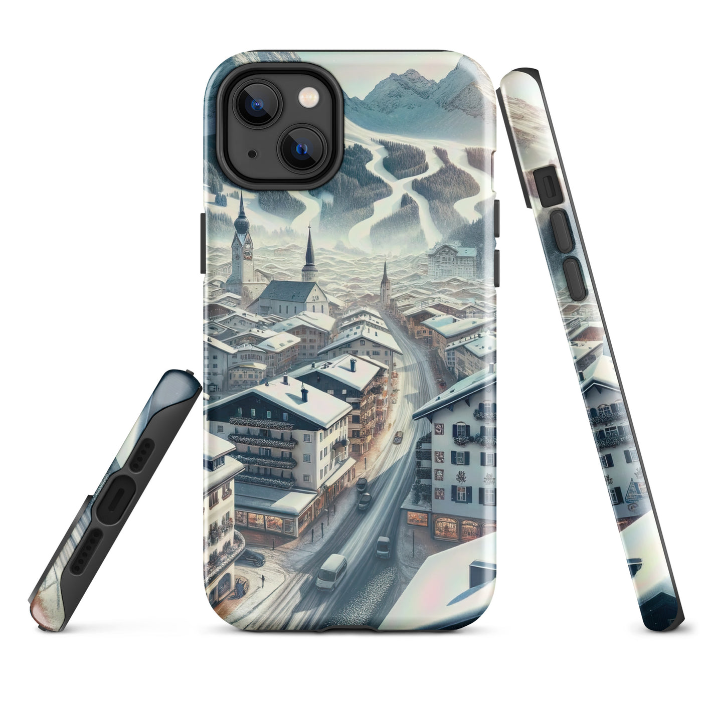 Winter in Kitzbühel: Digitale Malerei von schneebedeckten Dächern - iPhone Schutzhülle (robust) berge xxx yyy zzz iPhone 14 Plus