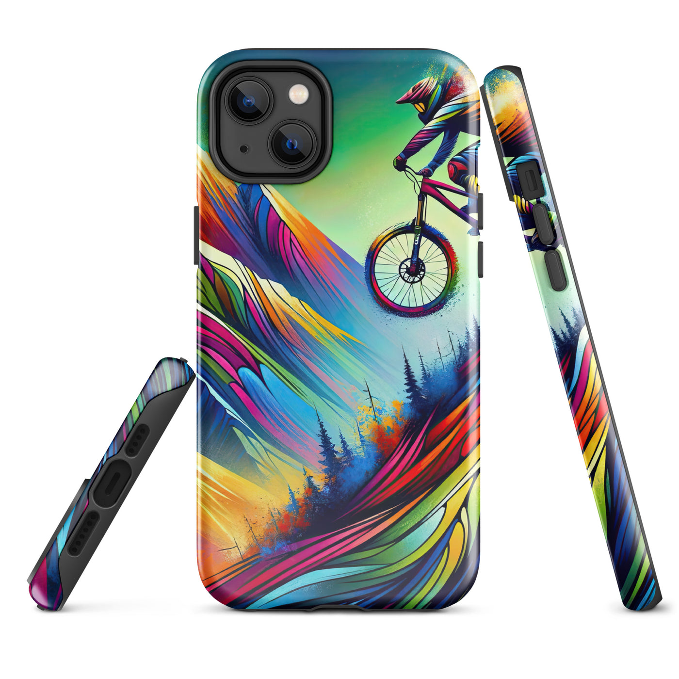 Mountainbiker in farbenfroher Alpenkulisse mit abstraktem Touch (M) - iPhone Schutzhülle (robust) xxx yyy zzz iPhone 14 Plus