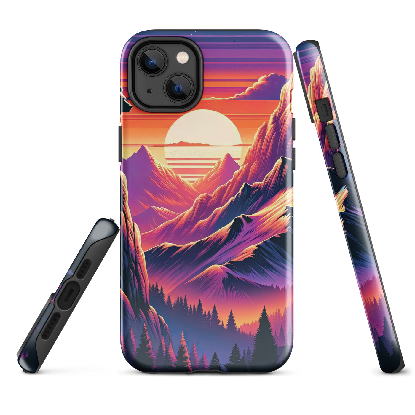 Alpen-Sonnenuntergang mit Bär auf Hügel, warmes Himmelsfarbenspiel - iPhone Schutzhülle (robust) camping xxx yyy zzz iPhone 14 Plus