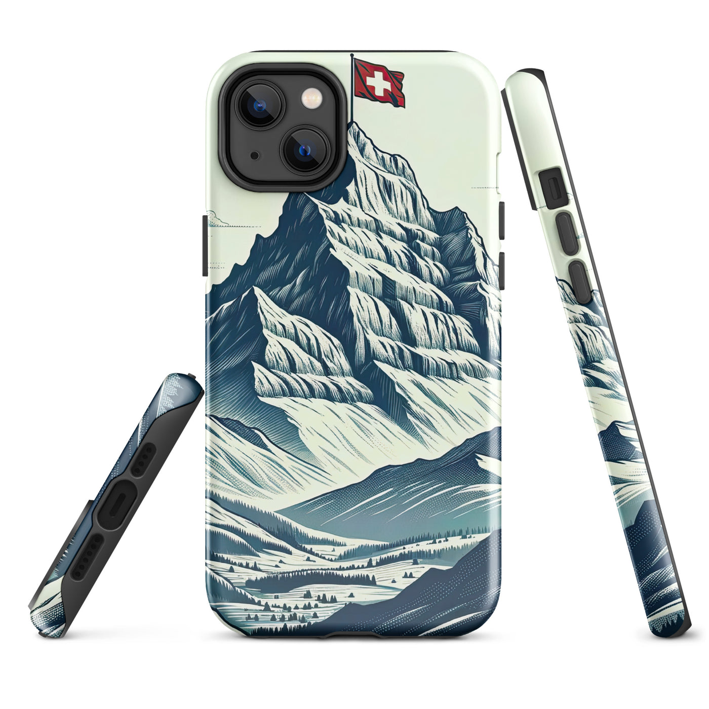 Ausgedehnte Bergkette mit dominierendem Gipfel und wehender Schweizer Flagge - iPhone Schutzhülle (robust) berge xxx yyy zzz iPhone 14 Plus
