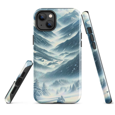 Alpine Wildnis im Wintersturm mit Skifahrer, verschneite Landschaft - iPhone Schutzhülle (robust) klettern ski xxx yyy zzz iPhone 14 Plus