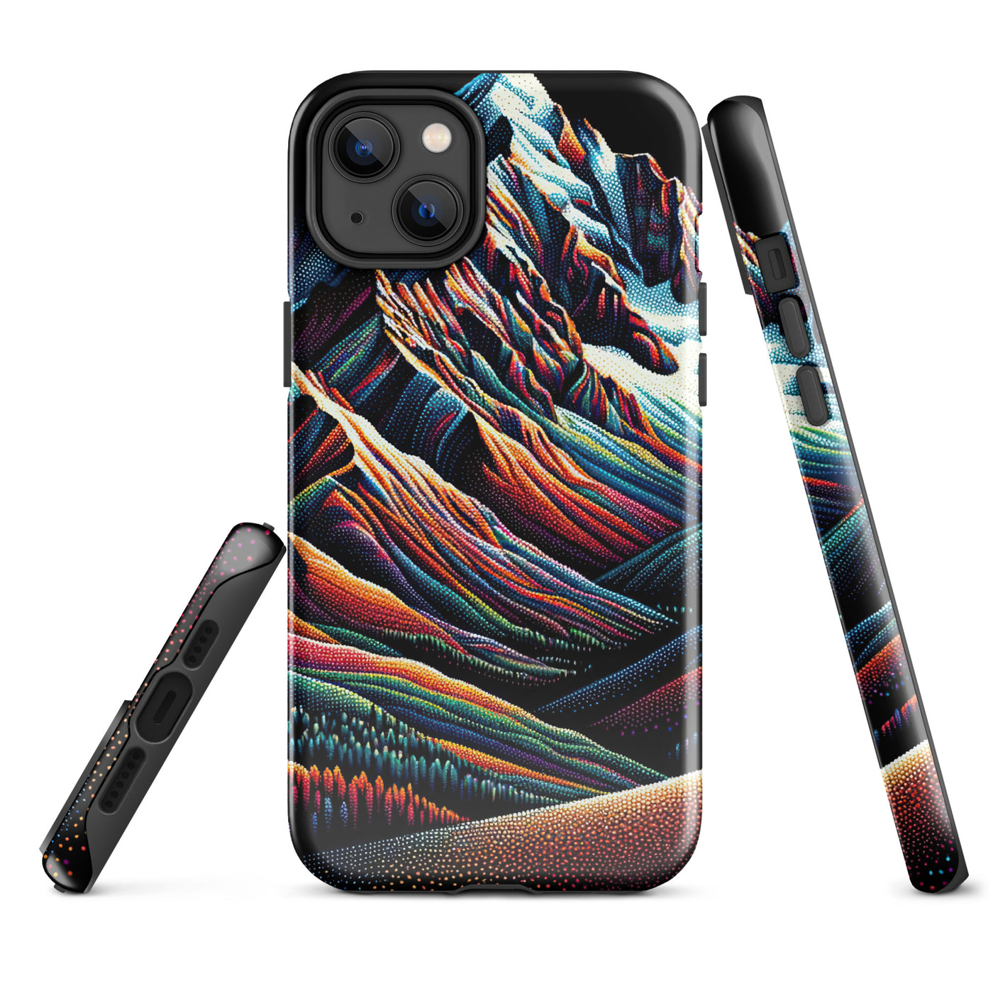 Pointillistische Darstellung der Alpen, Farbpunkte formen die Landschaft - iPhone Schutzhülle (robust) berge xxx yyy zzz iPhone 14 Plus