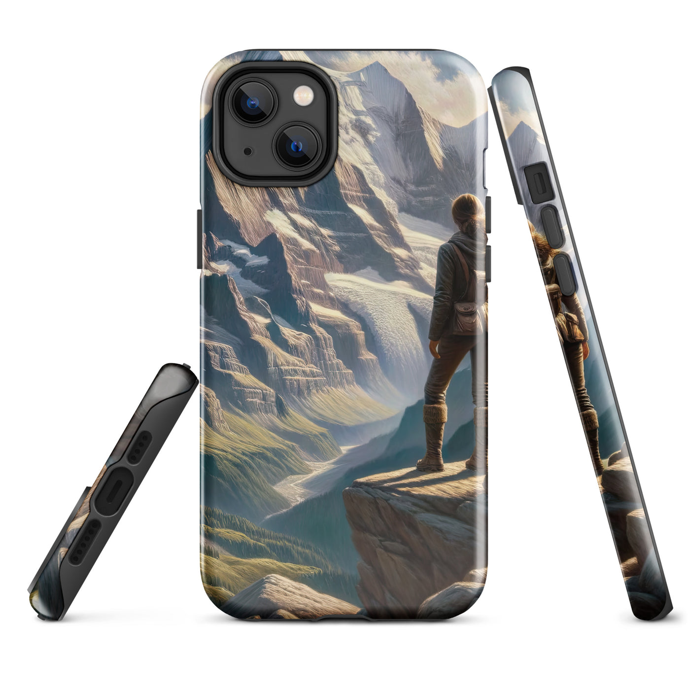 Ölgemälde der Alpengipfel mit Schweizer Abenteurerin auf Felsvorsprung - iPhone Schutzhülle (robust) wandern xxx yyy zzz iPhone 14 Plus