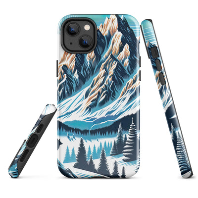 Vektorgrafik eines Wolfes im winterlichen Alpenmorgen, Berge mit Schnee- und Felsmustern - iPhone Schutzhülle (robust) berge xxx yyy zzz iPhone 14 Plus
