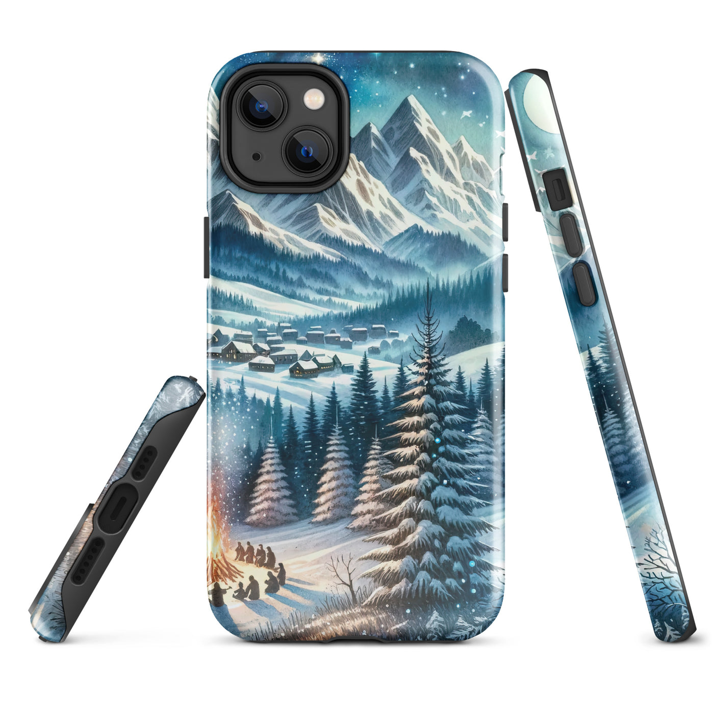 Aquarell eines Winterabends in den Alpen mit Lagerfeuer und Wanderern, glitzernder Neuschnee - iPhone Schutzhülle (robust) camping xxx yyy zzz iPhone 14 Plus