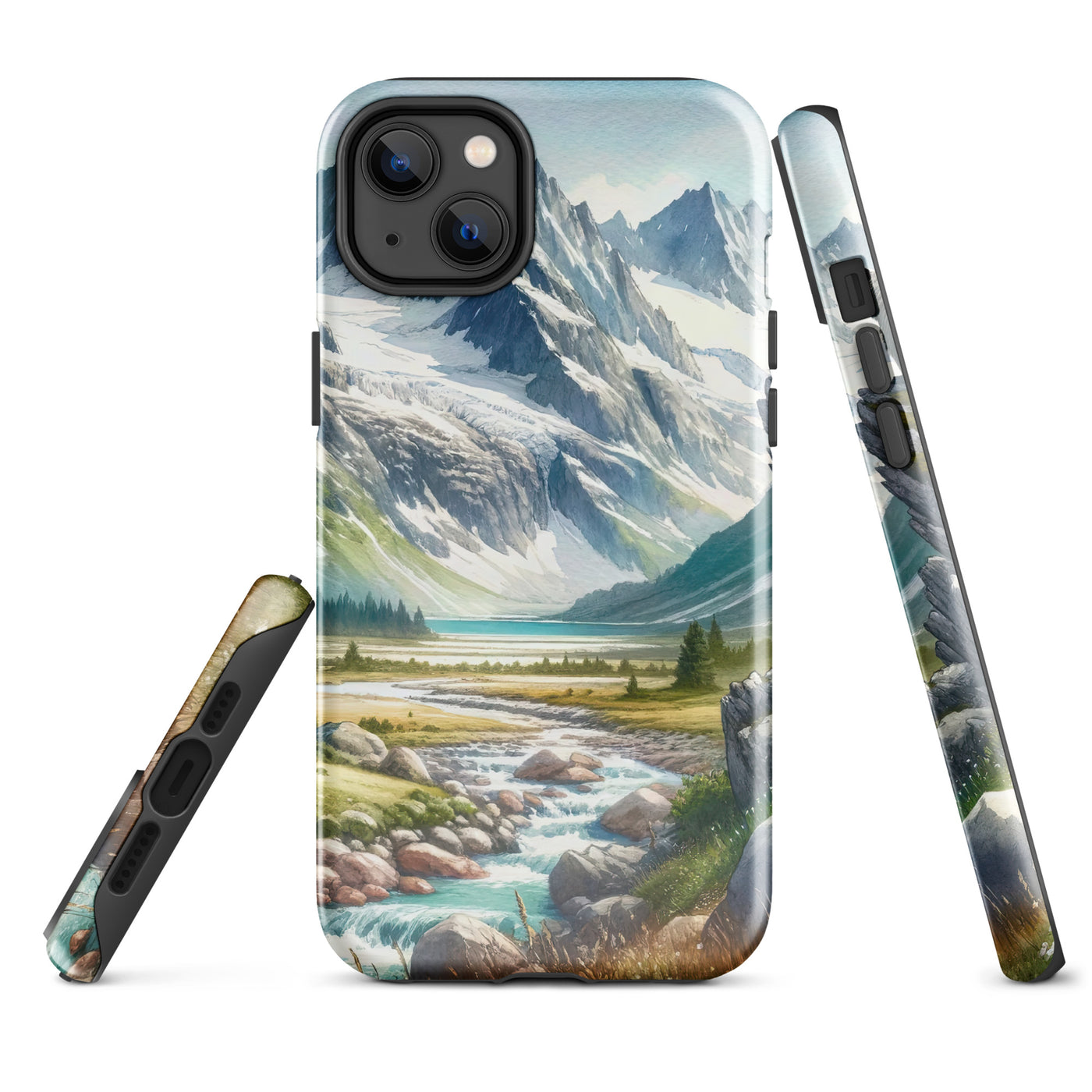 Aquarellmalerei eines Bären und der sommerlichen Alpenschönheit mit schneebedeckten Ketten - iPhone Schutzhülle (robust) camping xxx yyy zzz iPhone 14 Plus