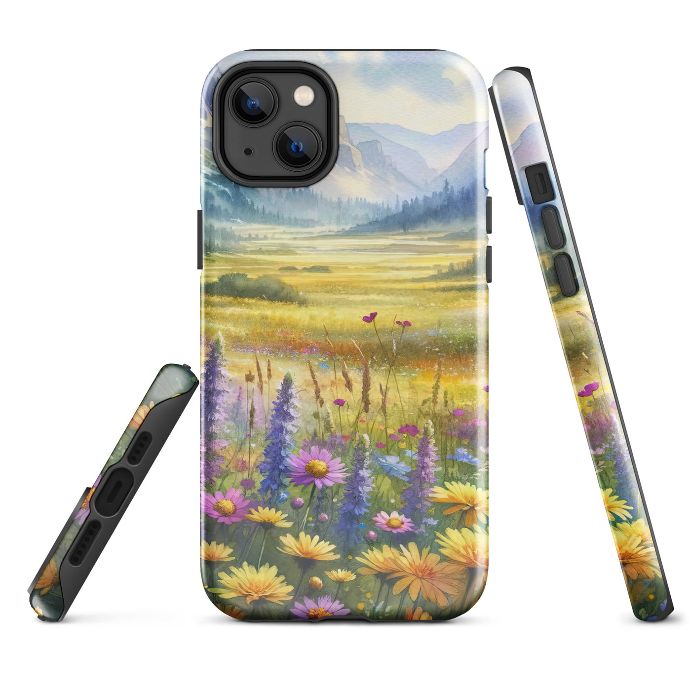 Aquarell einer Almwiese in Ruhe, Wildblumenteppich in Gelb, Lila, Rosa - iPhone Schutzhülle (robust) berge xxx yyy zzz iPhone 14 Plus