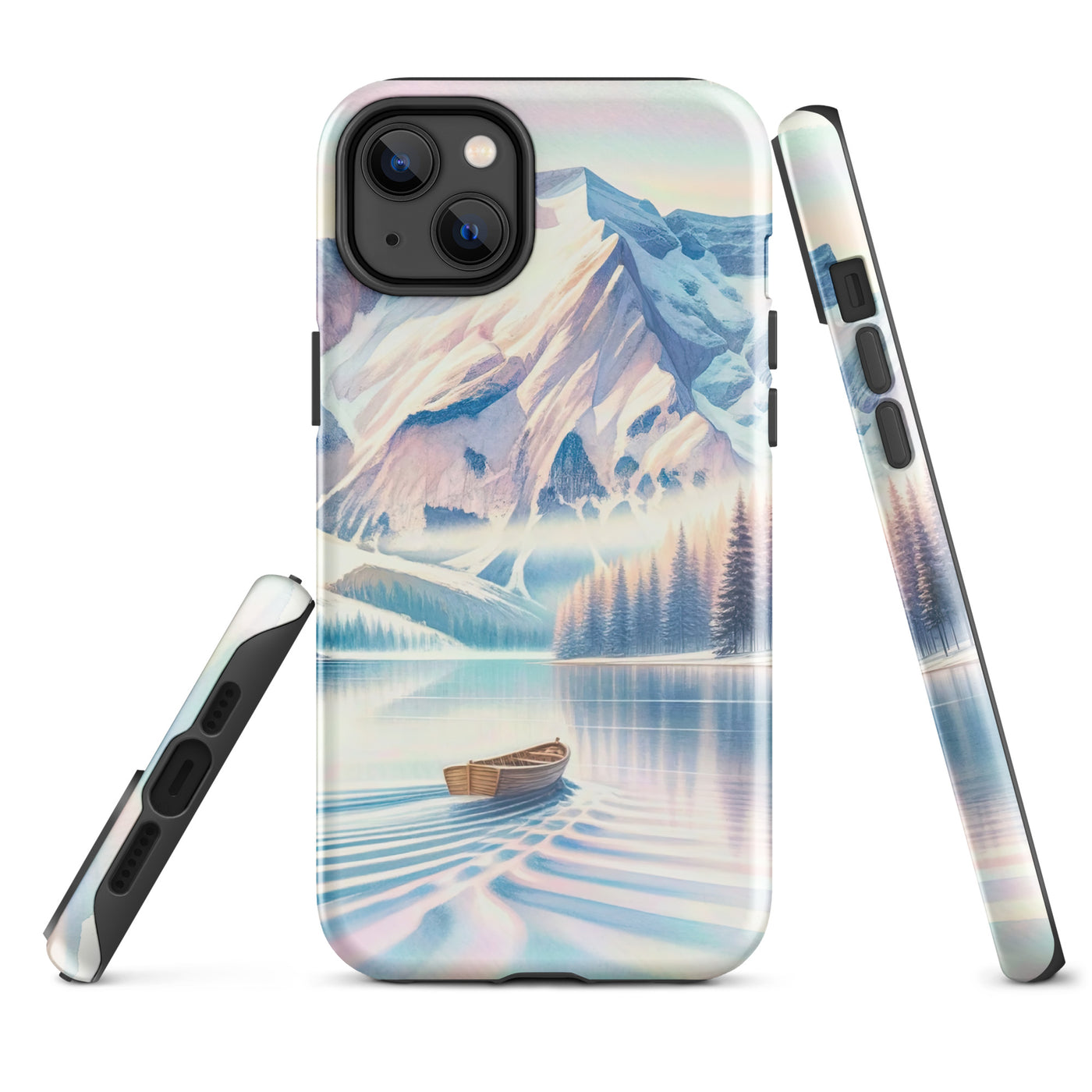 Aquarell eines klaren Alpenmorgens, Boot auf Bergsee in Pastelltönen - iPhone Schutzhülle (robust) berge xxx yyy zzz iPhone 14 Plus