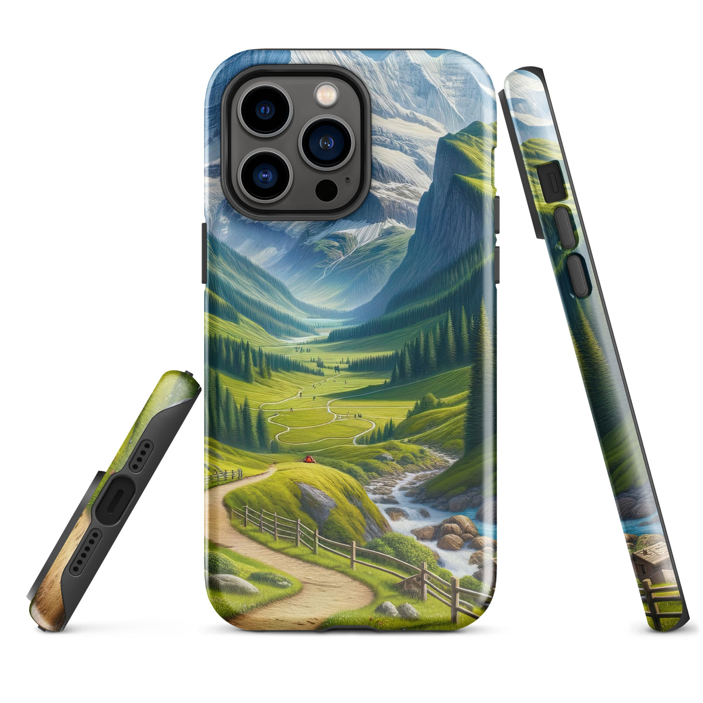 Wanderer in den Bergen und Wald: Digitale Malerei mit grünen kurvenreichen Pfaden - iPhone Schutzhülle (robust) wandern xxx yyy zzz iPhone 14 Pro Max