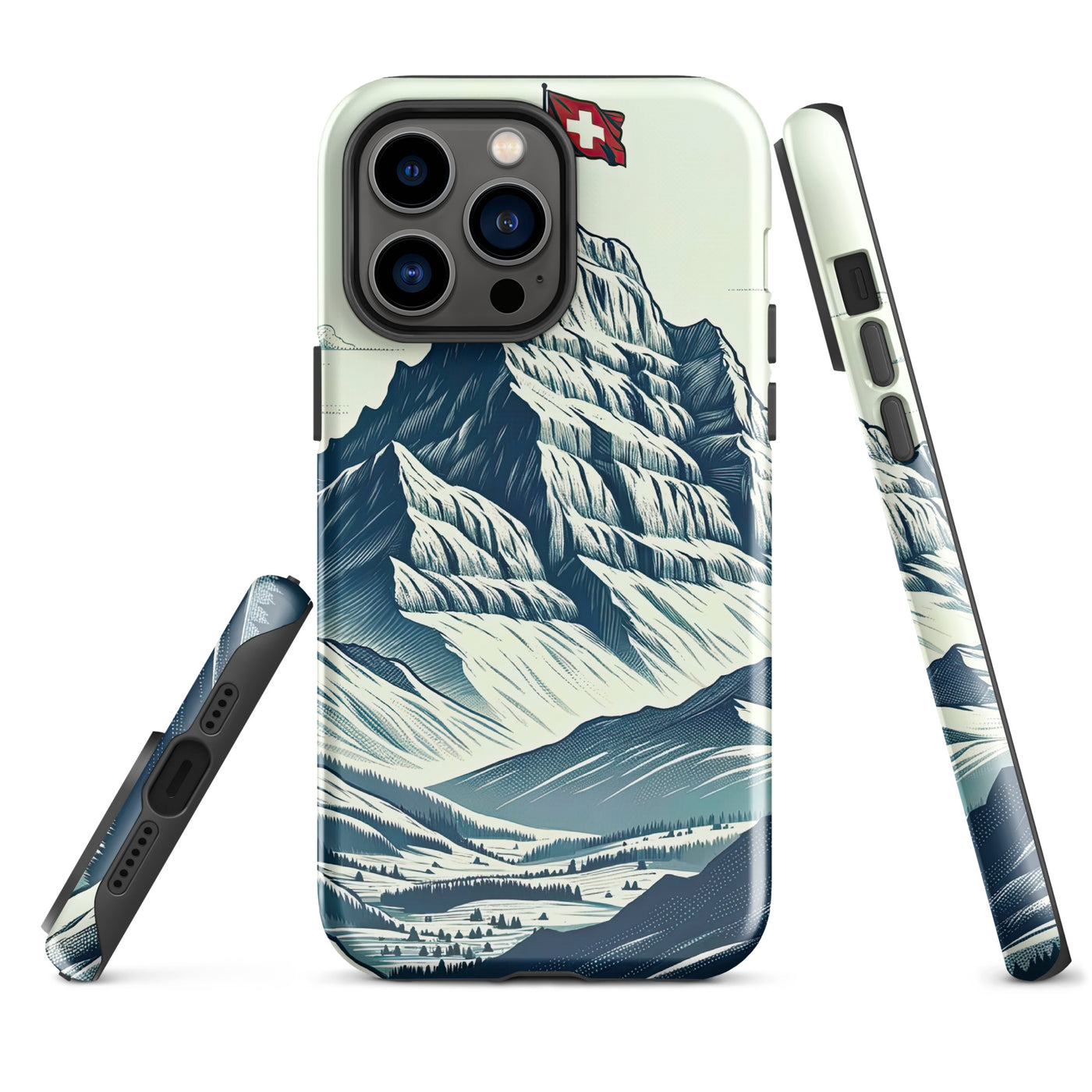 Ausgedehnte Bergkette mit dominierendem Gipfel und wehender Schweizer Flagge - iPhone Schutzhülle (robust) berge xxx yyy zzz iPhone 14 Pro Max