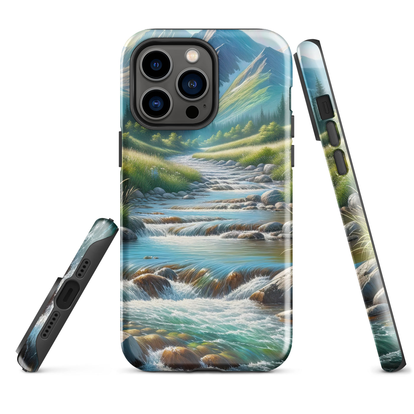 Sanfter Gebirgsbach in Ölgemälde, klares Wasser über glatten Felsen - iPhone Schutzhülle (robust) berge xxx yyy zzz iPhone 14 Pro Max