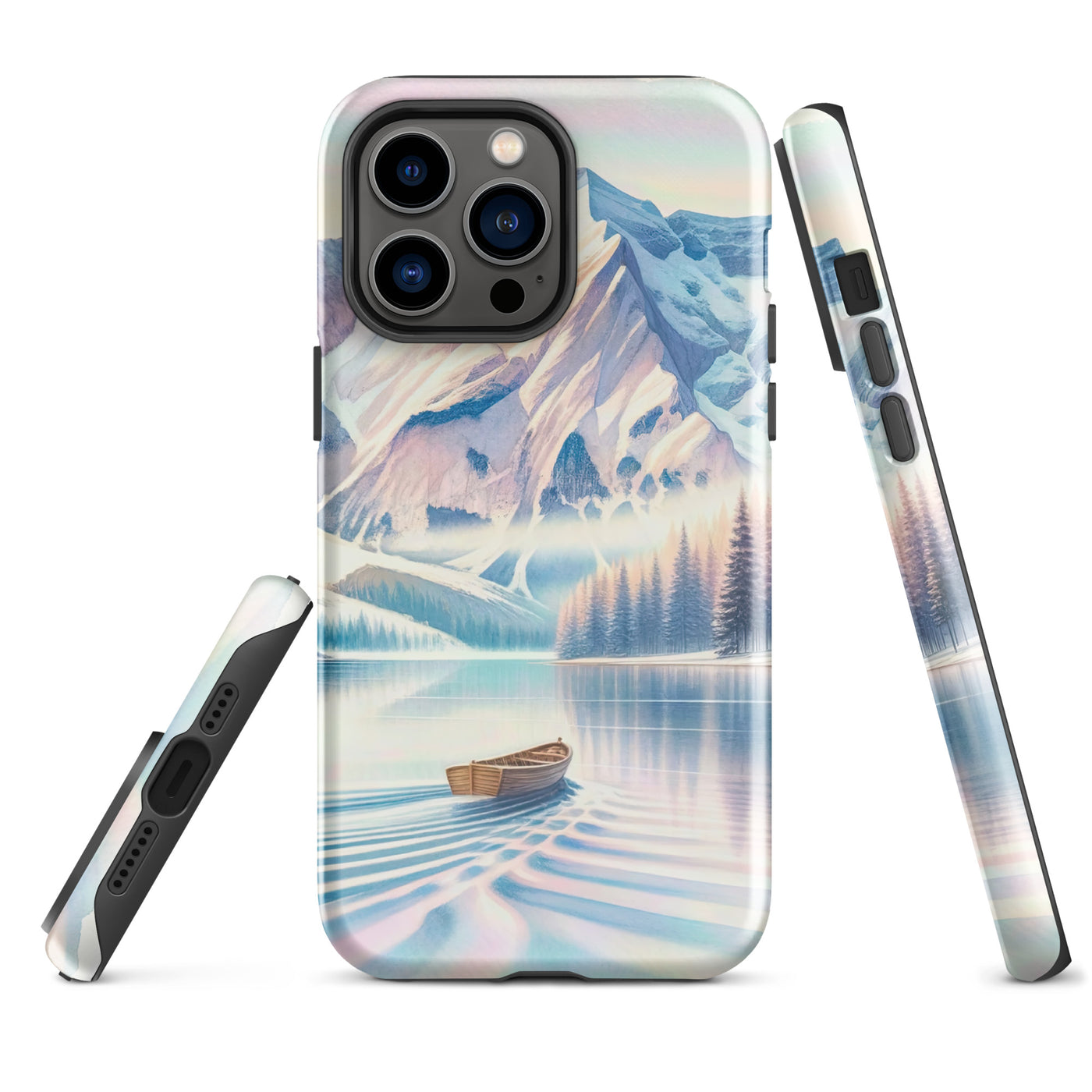 Aquarell eines klaren Alpenmorgens, Boot auf Bergsee in Pastelltönen - iPhone Schutzhülle (robust) berge xxx yyy zzz iPhone 14 Pro Max