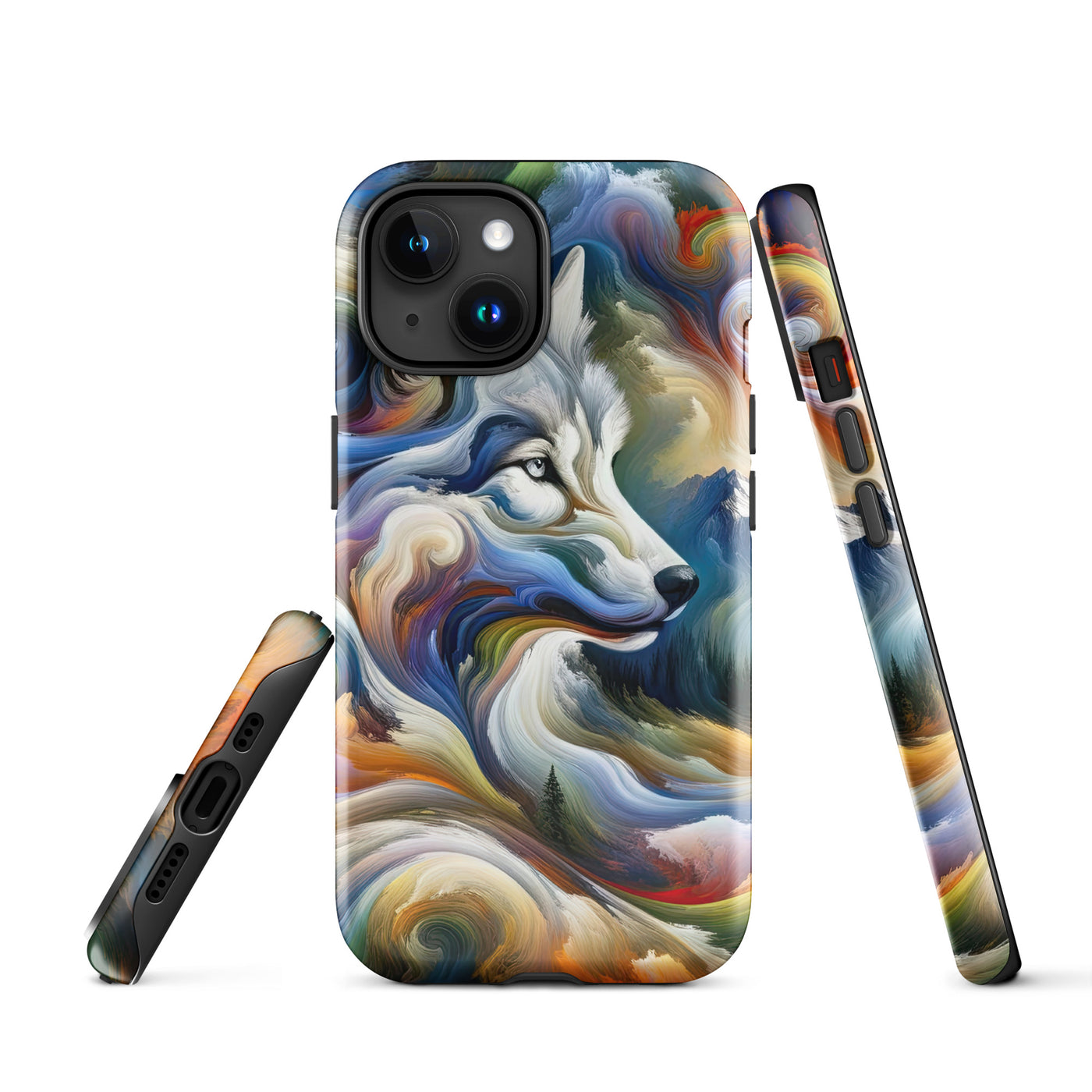 Abstraktes Alpen Gemälde: Wirbelnde Farben und Majestätischer Wolf, Silhouette (AN) - iPhone Schutzhülle (robust) xxx yyy zzz iPhone 15