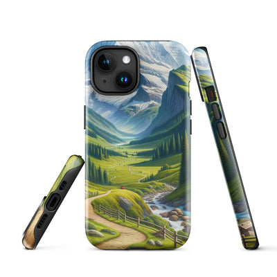 Wanderer in den Bergen und Wald: Digitale Malerei mit grünen kurvenreichen Pfaden - iPhone Schutzhülle (robust) wandern xxx yyy zzz iPhone 15