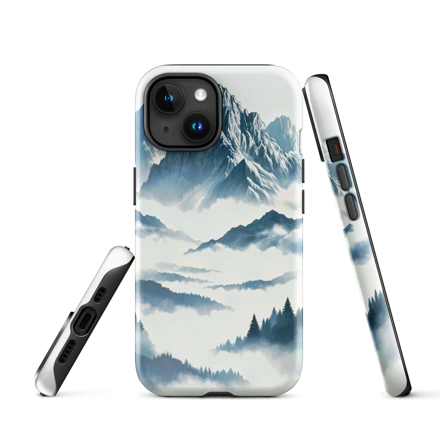 Nebeliger Alpenmorgen-Essenz, verdeckte Täler und Wälder - iPhone Schutzhülle (robust) berge xxx yyy zzz iPhone 15