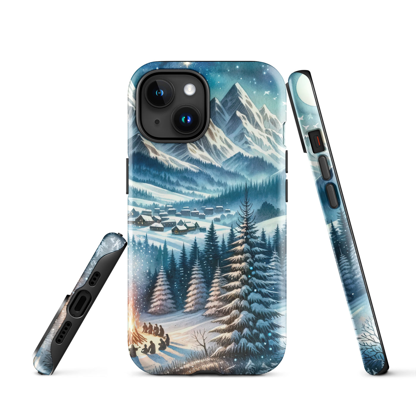 Aquarell eines Winterabends in den Alpen mit Lagerfeuer und Wanderern, glitzernder Neuschnee - iPhone Schutzhülle (robust) camping xxx yyy zzz iPhone 15