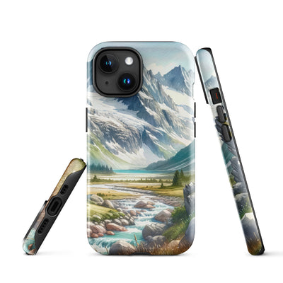 Aquarellmalerei eines Bären und der sommerlichen Alpenschönheit mit schneebedeckten Ketten - iPhone Schutzhülle (robust) camping xxx yyy zzz iPhone 15