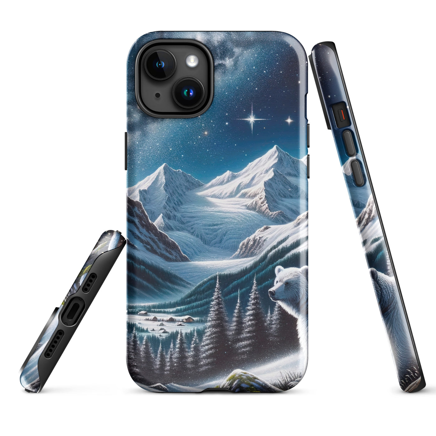 Sternennacht und Eisbär: Acrylgemälde mit Milchstraße, Alpen und schneebedeckte Gipfel - iPhone Schutzhülle (robust) camping xxx yyy zzz iPhone 15 Plus