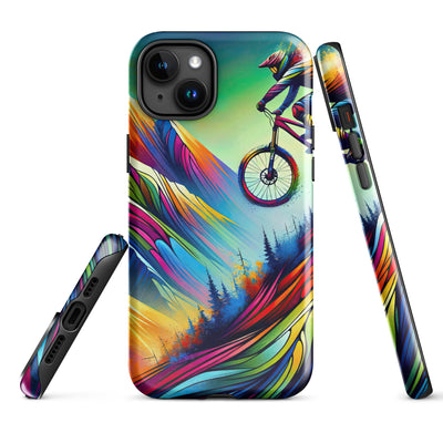 Mountainbiker in farbenfroher Alpenkulisse mit abstraktem Touch (M) - iPhone Schutzhülle (robust) xxx yyy zzz iPhone 15 Plus