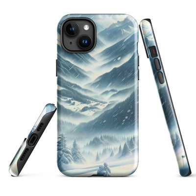 Alpine Wildnis im Wintersturm mit Skifahrer, verschneite Landschaft - iPhone Schutzhülle (robust) klettern ski xxx yyy zzz iPhone 15 Plus