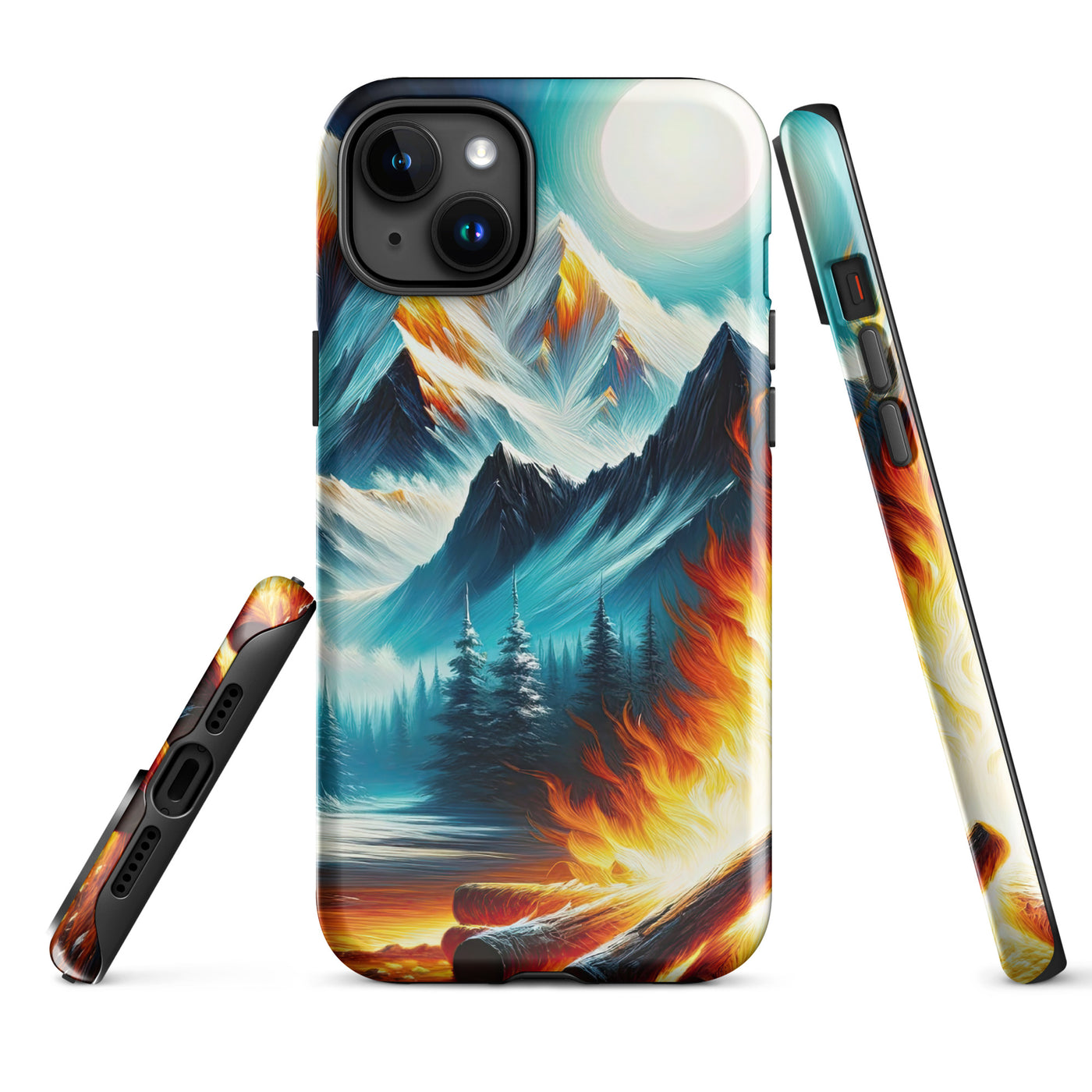 Ölgemälde von Feuer und Eis: Lagerfeuer und Alpen im Kontrast, warme Flammen - iPhone Schutzhülle (robust) camping xxx yyy zzz iPhone 15 Plus