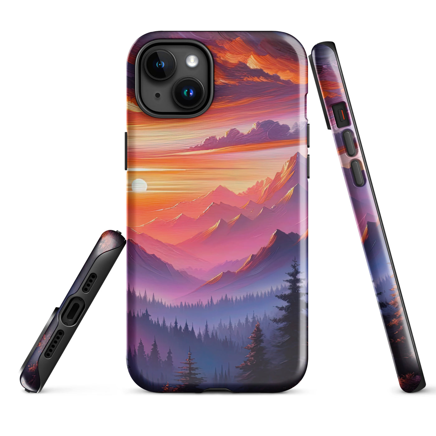 Ölgemälde der Alpenlandschaft im ätherischen Sonnenuntergang, himmlische Farbtöne - iPhone Schutzhülle (robust) berge xxx yyy zzz iPhone 15 Plus