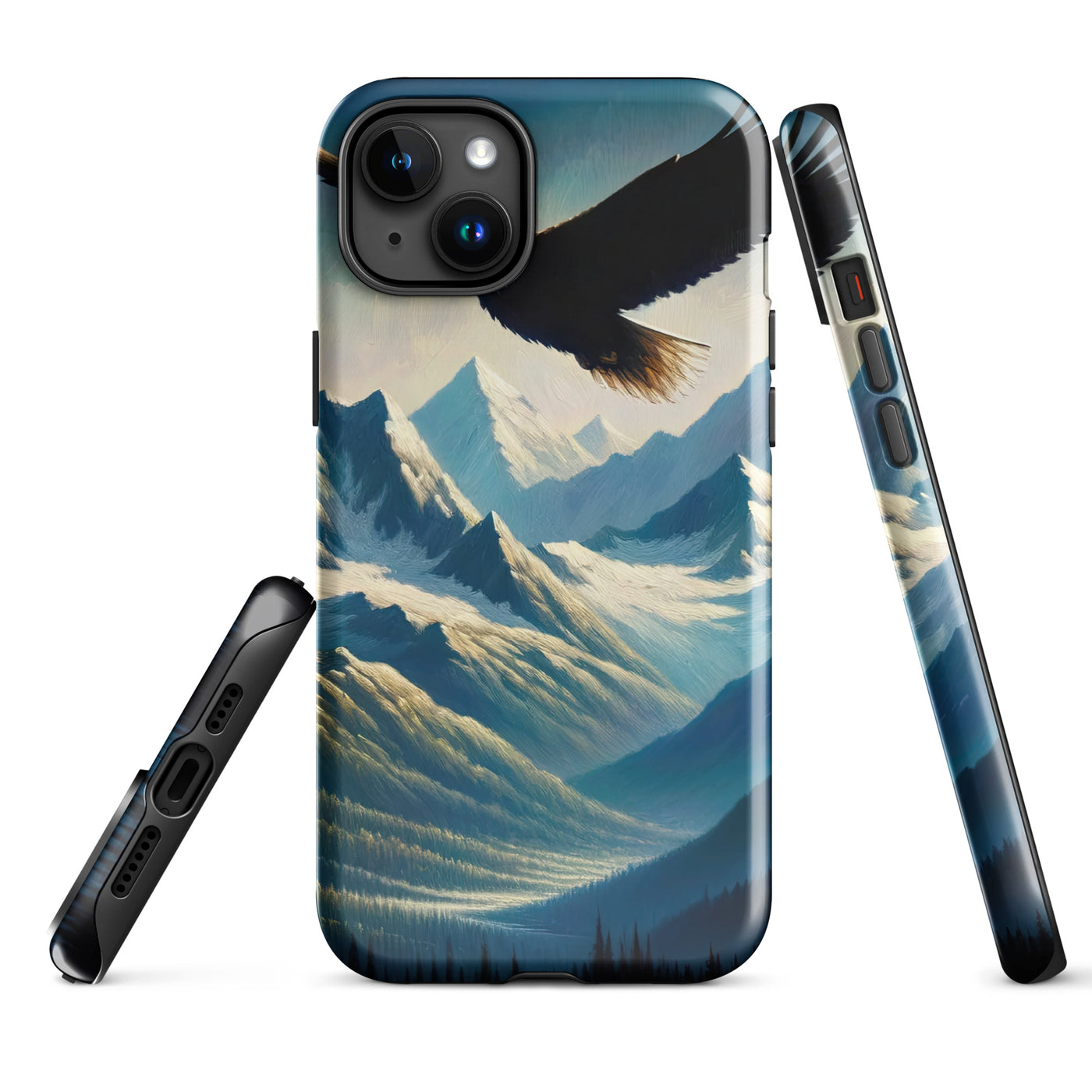 Ölgemälde eines Adlers vor schneebedeckten Bergsilhouetten - iPhone Schutzhülle (robust) berge xxx yyy zzz iPhone 15 Plus