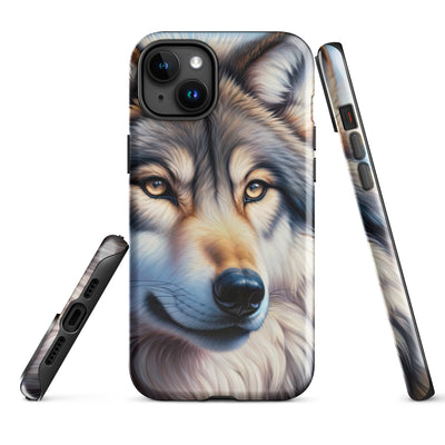 Ölgemäldeporträt eines majestätischen Wolfes mit intensiven Augen in der Berglandschaft (AN) - iPhone Schutzhülle (robust) xxx yyy zzz iPhone 15 Plus