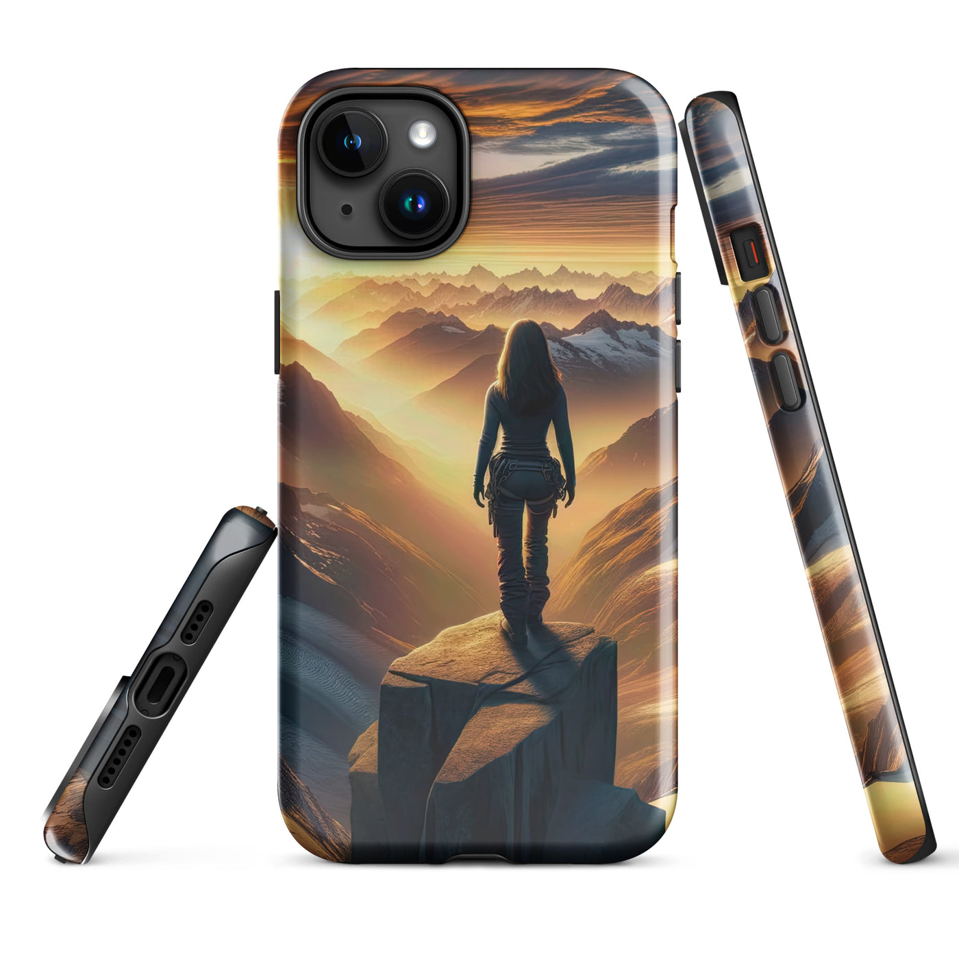 Fotorealistische Darstellung der Alpen bei Sonnenaufgang, Wanderin unter einem gold-purpurnen Himmel - iPhone Schutzhülle (robust) wandern xxx yyy zzz iPhone 15 Plus