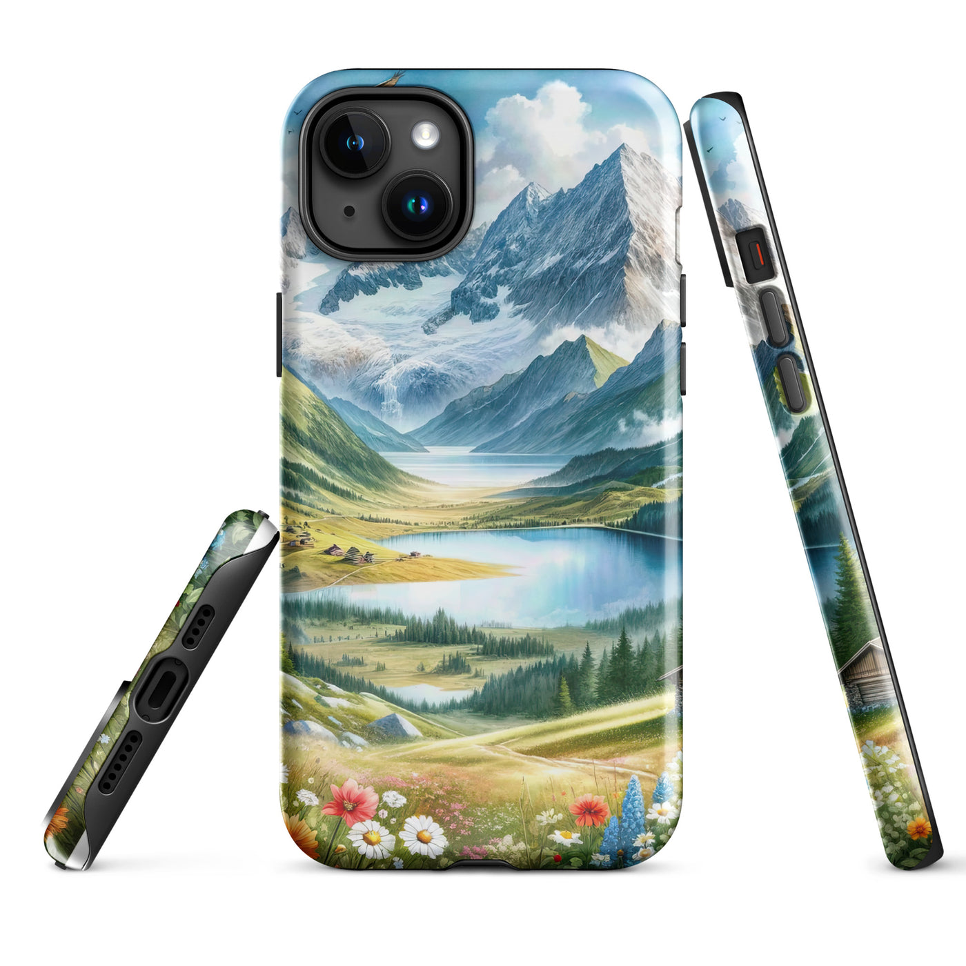 Quadratisches Aquarell der Alpen, Berge mit schneebedeckten Spitzen - iPhone Schutzhülle (robust) berge xxx yyy zzz iPhone 15 Plus