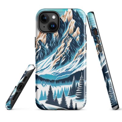 Vektorgrafik eines Wolfes im winterlichen Alpenmorgen, Berge mit Schnee- und Felsmustern - iPhone Schutzhülle (robust) berge xxx yyy zzz iPhone 15 Plus