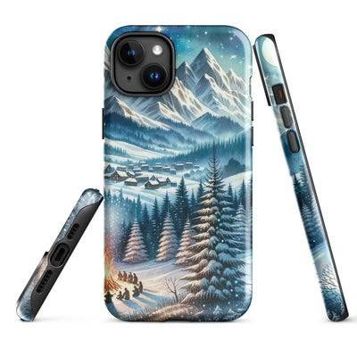 Aquarell eines Winterabends in den Alpen mit Lagerfeuer und Wanderern, glitzernder Neuschnee - iPhone Schutzhülle (robust) camping xxx yyy zzz iPhone 15 Plus