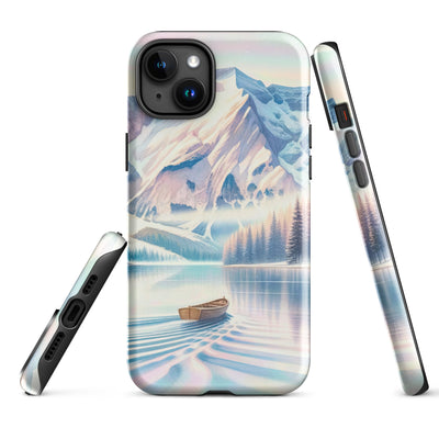 Aquarell eines klaren Alpenmorgens, Boot auf Bergsee in Pastelltönen - iPhone Schutzhülle (robust) berge xxx yyy zzz iPhone 15 Plus