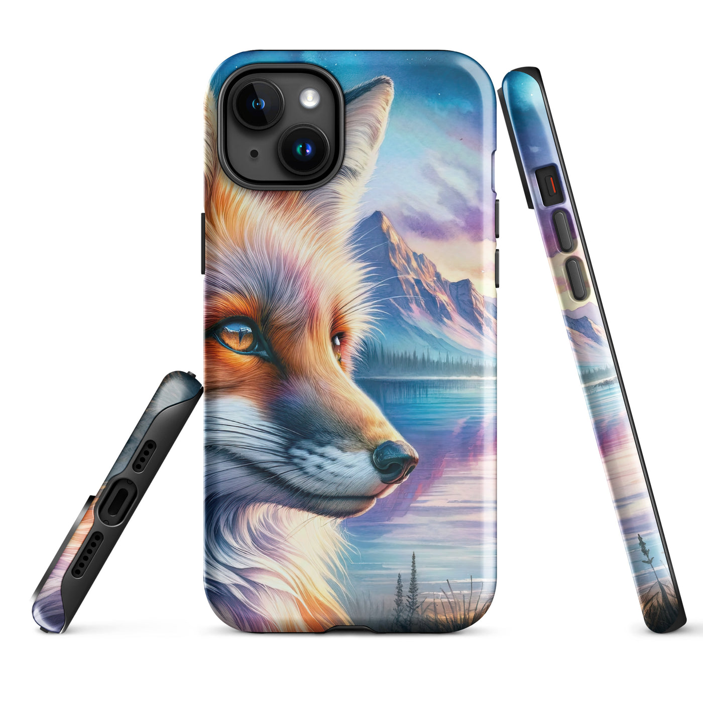 Aquarellporträt eines Fuchses im Dämmerlicht am Bergsee - iPhone Schutzhülle (robust) camping xxx yyy zzz iPhone 15 Plus