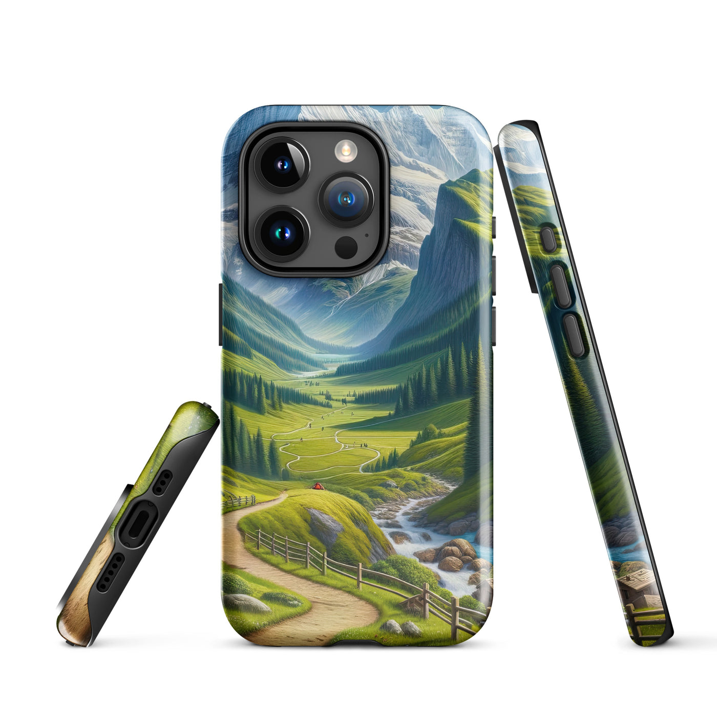 Wanderer in den Bergen und Wald: Digitale Malerei mit grünen kurvenreichen Pfaden - iPhone Schutzhülle (robust) wandern xxx yyy zzz iPhone 15 Pro