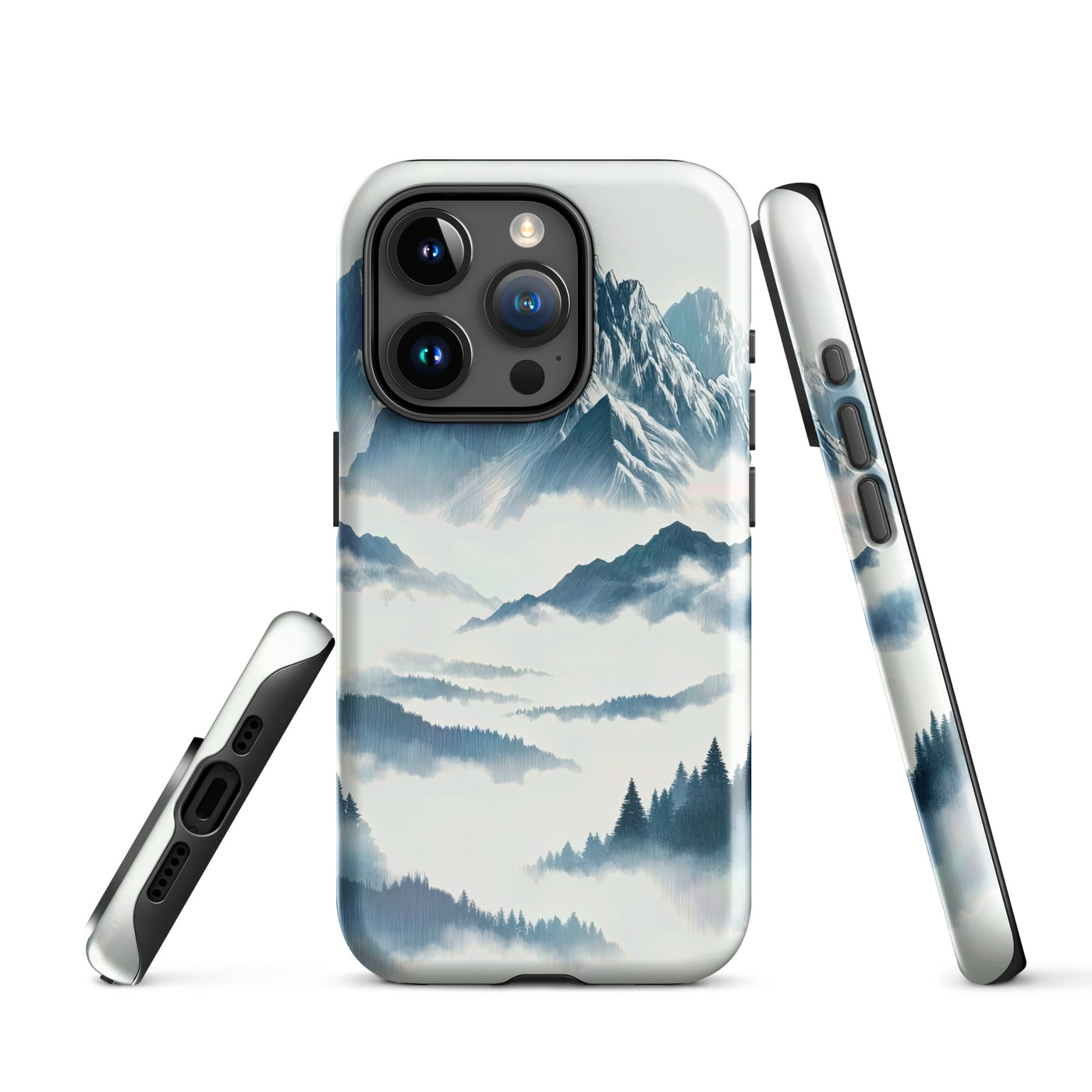 Nebeliger Alpenmorgen-Essenz, verdeckte Täler und Wälder - iPhone Schutzhülle (robust) berge xxx yyy zzz iPhone 15 Pro