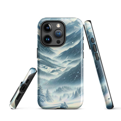 Alpine Wildnis im Wintersturm mit Skifahrer, verschneite Landschaft - iPhone Schutzhülle (robust) klettern ski xxx yyy zzz iPhone 15 Pro