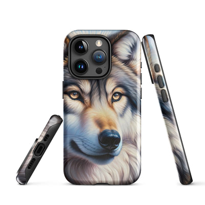 Ölgemäldeporträt eines majestätischen Wolfes mit intensiven Augen in der Berglandschaft (AN) - iPhone Schutzhülle (robust) xxx yyy zzz iPhone 15 Pro