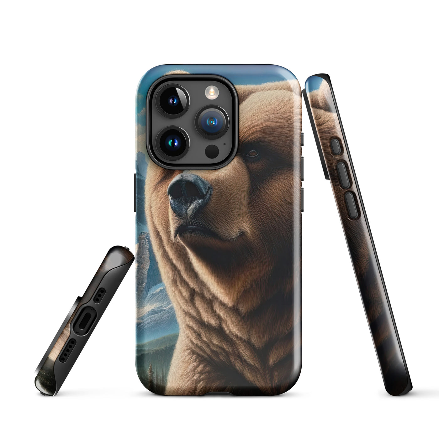 Realistisches Ölgemälde eines männlichen Bären in den Bergen mit Fokus auf Stärke und Schärfe - iPhone Schutzhülle (robust) camping xxx yyy zzz iPhone 15 Pro