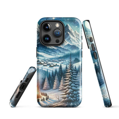 Aquarell eines Winterabends in den Alpen mit Lagerfeuer und Wanderern, glitzernder Neuschnee - iPhone Schutzhülle (robust) camping xxx yyy zzz iPhone 15 Pro