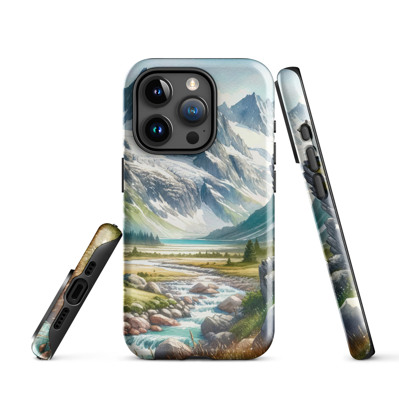 Aquarellmalerei eines Bären und der sommerlichen Alpenschönheit mit schneebedeckten Ketten - iPhone Schutzhülle (robust) camping xxx yyy zzz iPhone 15 Pro