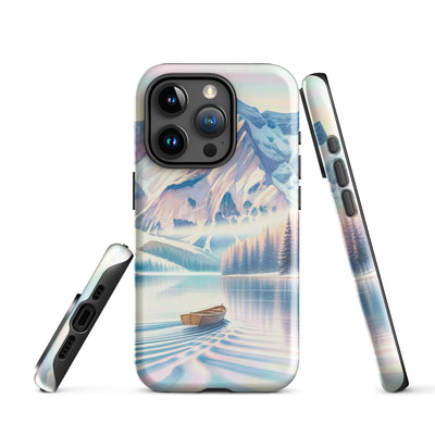 Aquarell eines klaren Alpenmorgens, Boot auf Bergsee in Pastelltönen - iPhone Schutzhülle (robust) berge xxx yyy zzz iPhone 15 Pro