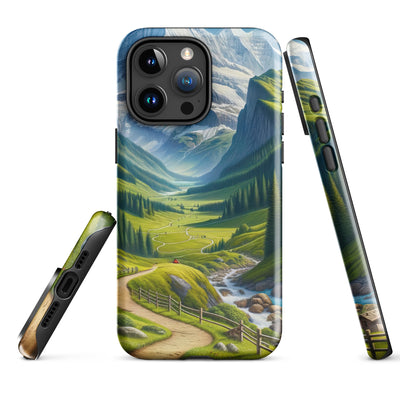 Wanderer in den Bergen und Wald: Digitale Malerei mit grünen kurvenreichen Pfaden - iPhone Schutzhülle (robust) wandern xxx yyy zzz iPhone 15 Pro Max